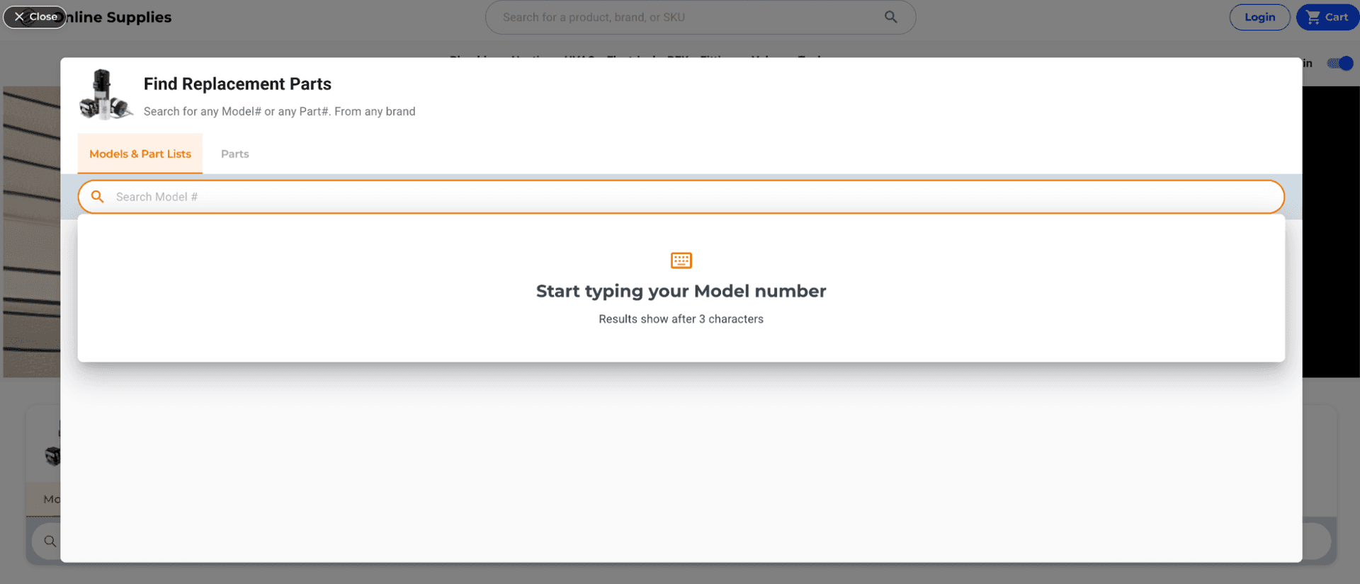 The search modal opened over the host website